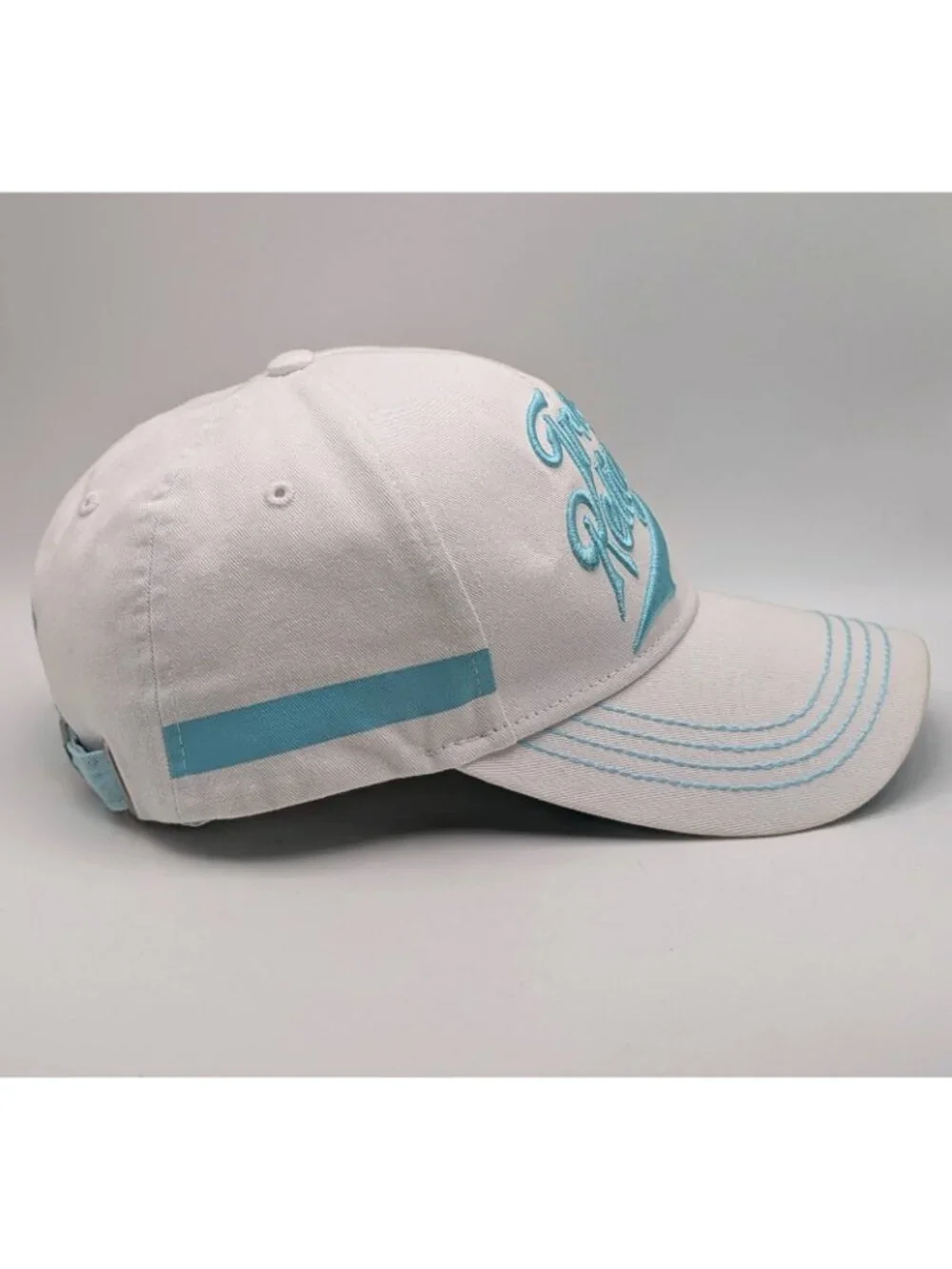 Vintage True Religion Hat Strap Back White Light Blue Unisex Y2K Thick Stitch